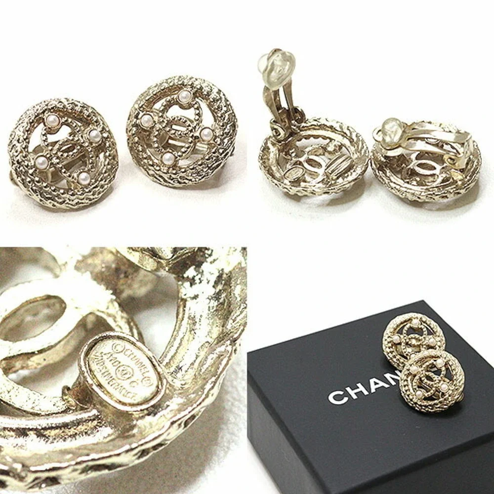 CHANEL Gold Pearl Logo Earrings
